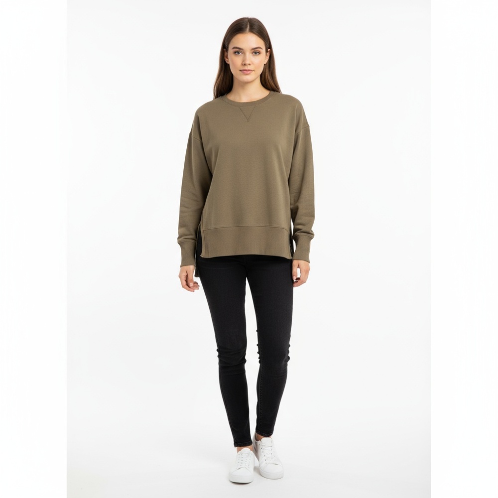 Universal Standard Sweatshirt 4XS / XS Khaki Crewneck Pima Cotton Side Slit New